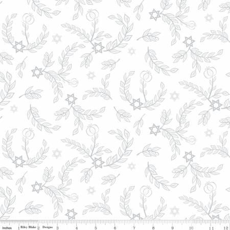 1 Yard Piece 8 Nights 8 Lights Leaves White Hanukkah Quilting Cotton