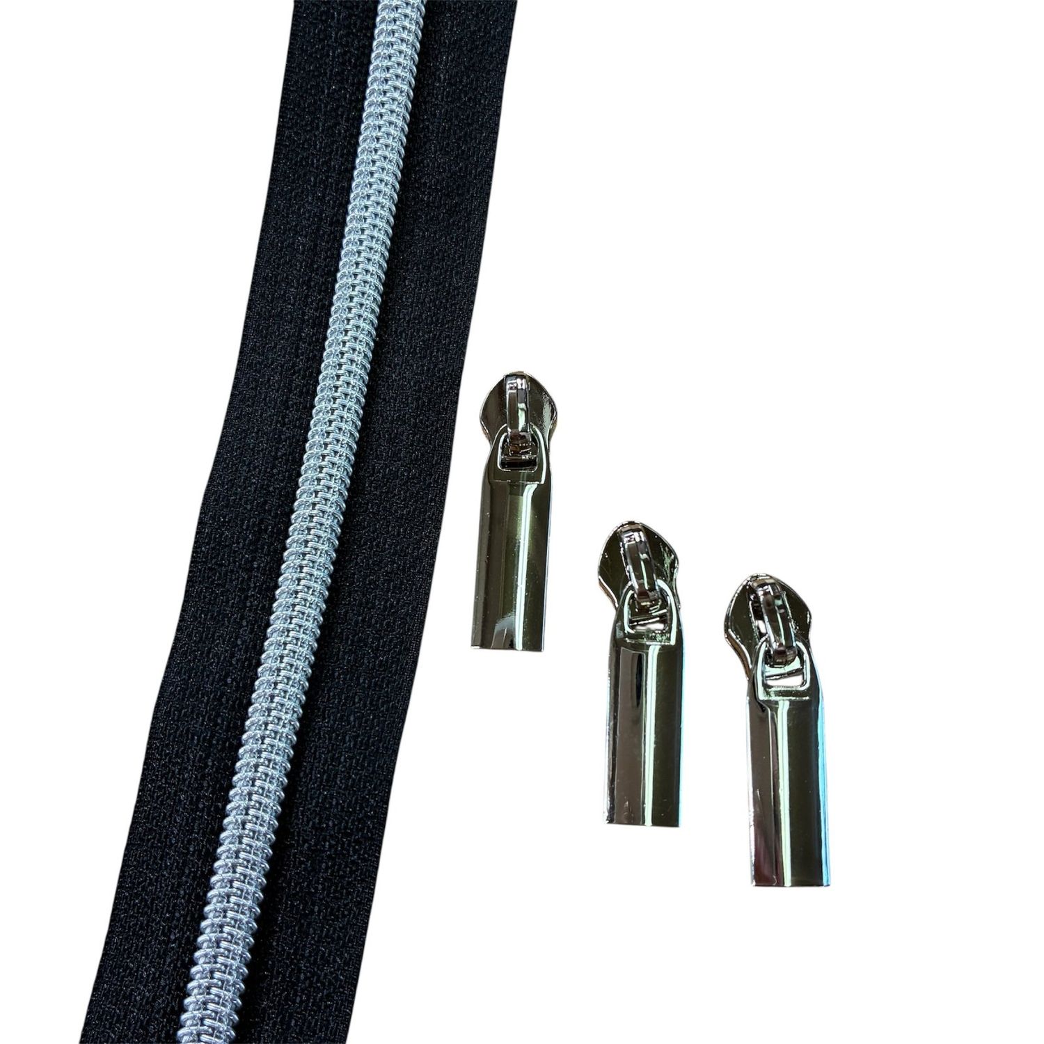 1 yd Black Zipper Tape with 3 Nickel Pulls