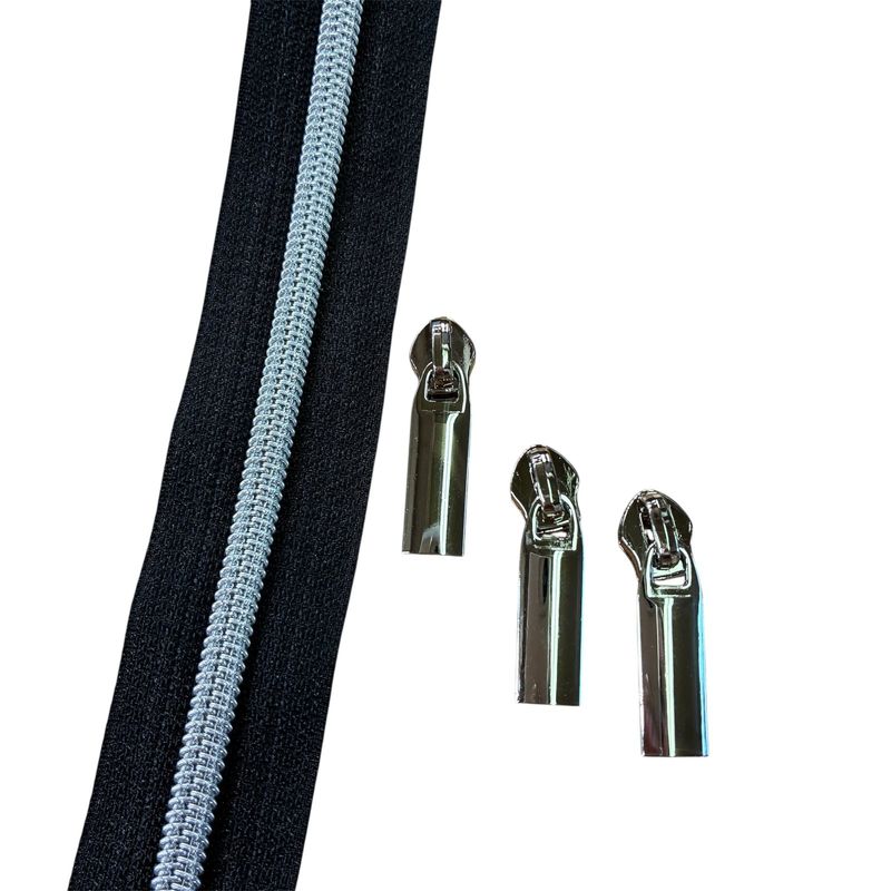 1 yd Black Zipper Tape with 3 Nickel Pulls