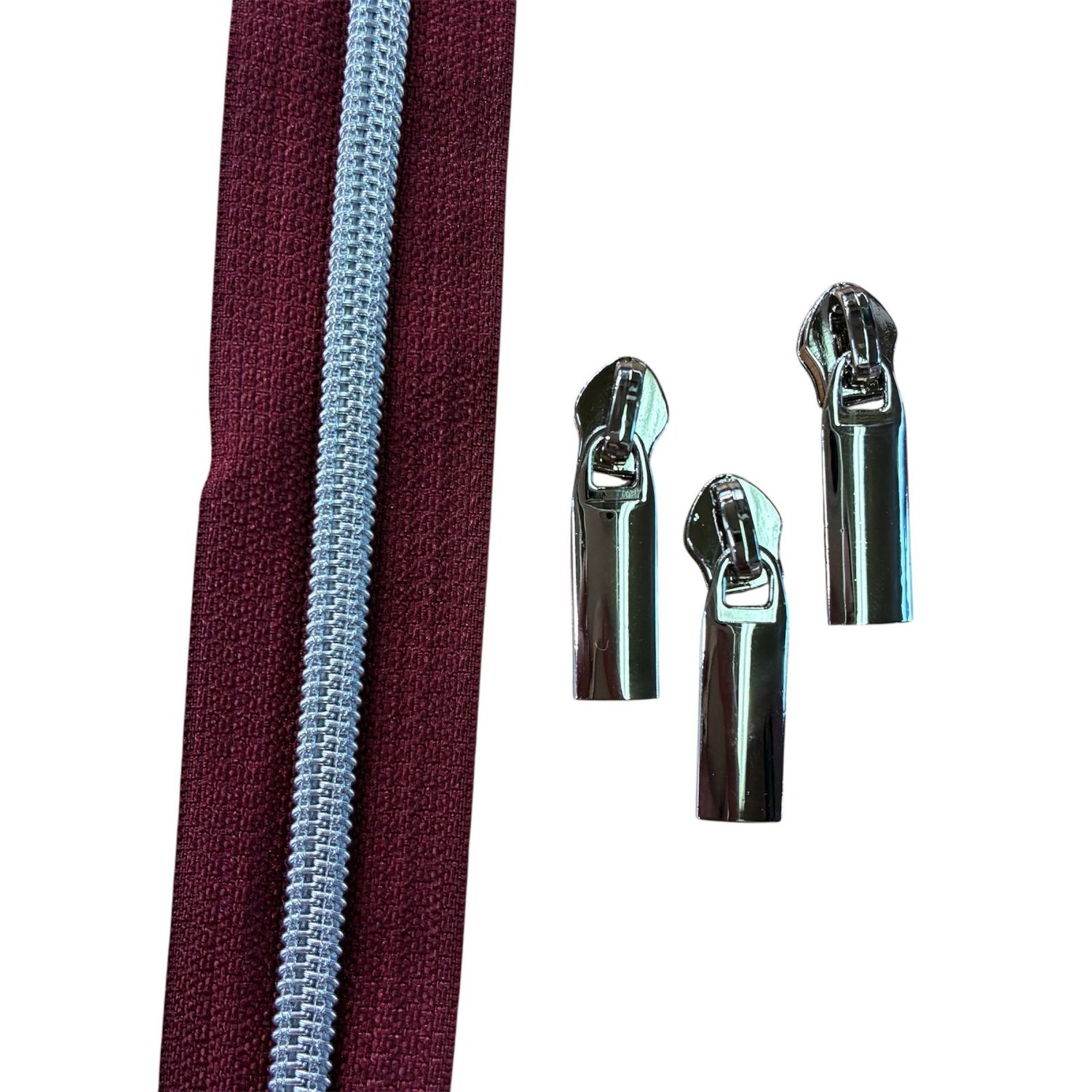 1 yd Brick Red Zipper Tape with 3 Nickel Pulls
