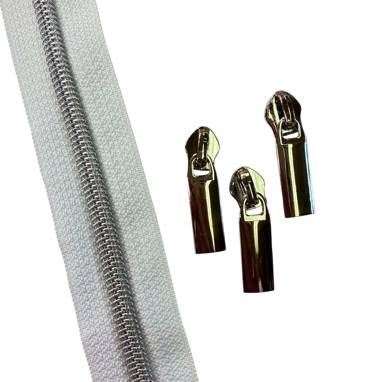 1 yd White Zipper Tape with 3 Nickel Pulls