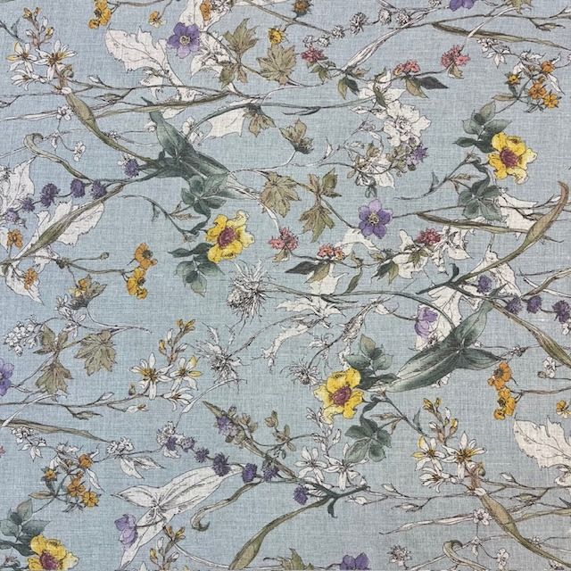 100% Linen Florals on Light Blue Background Lightweight fabric