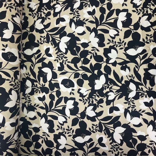 100% Cotton Japanese Black/White Florals on Natural Background Canvas