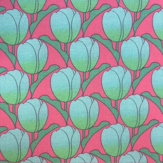 100% Cotton Japanese Turquoise Tulips on Pink Background