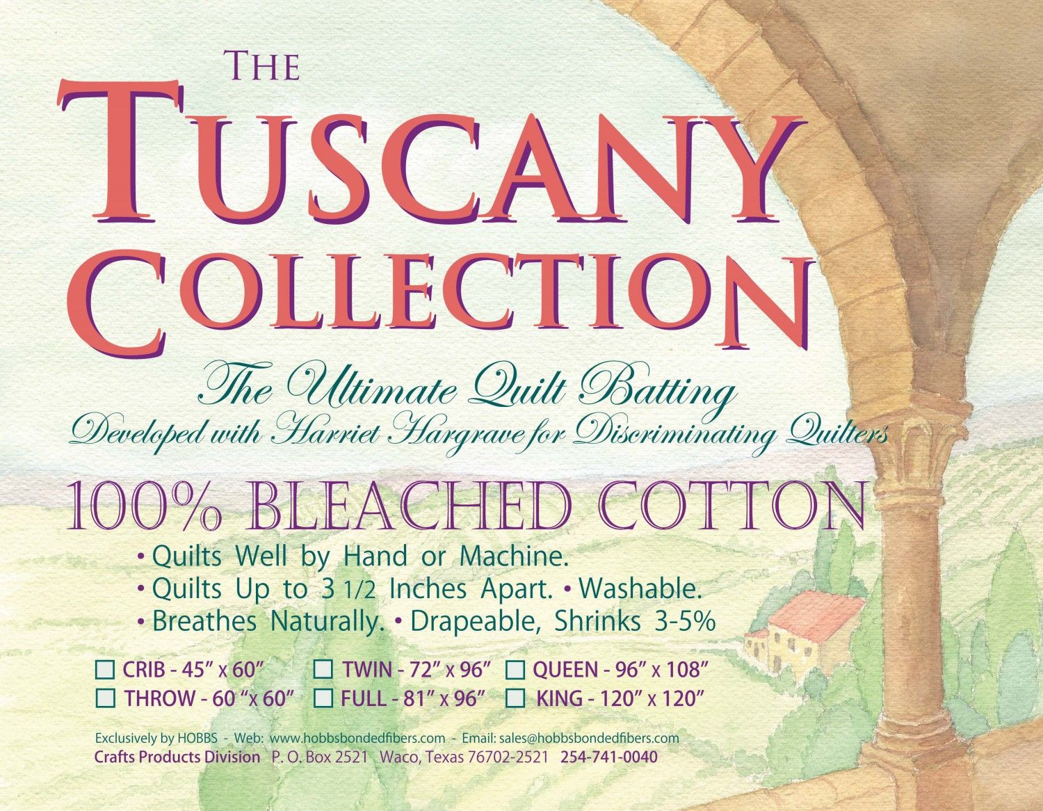 Batting: Queen Size 100% Bleached Cotton 96"x108" Tuscany
