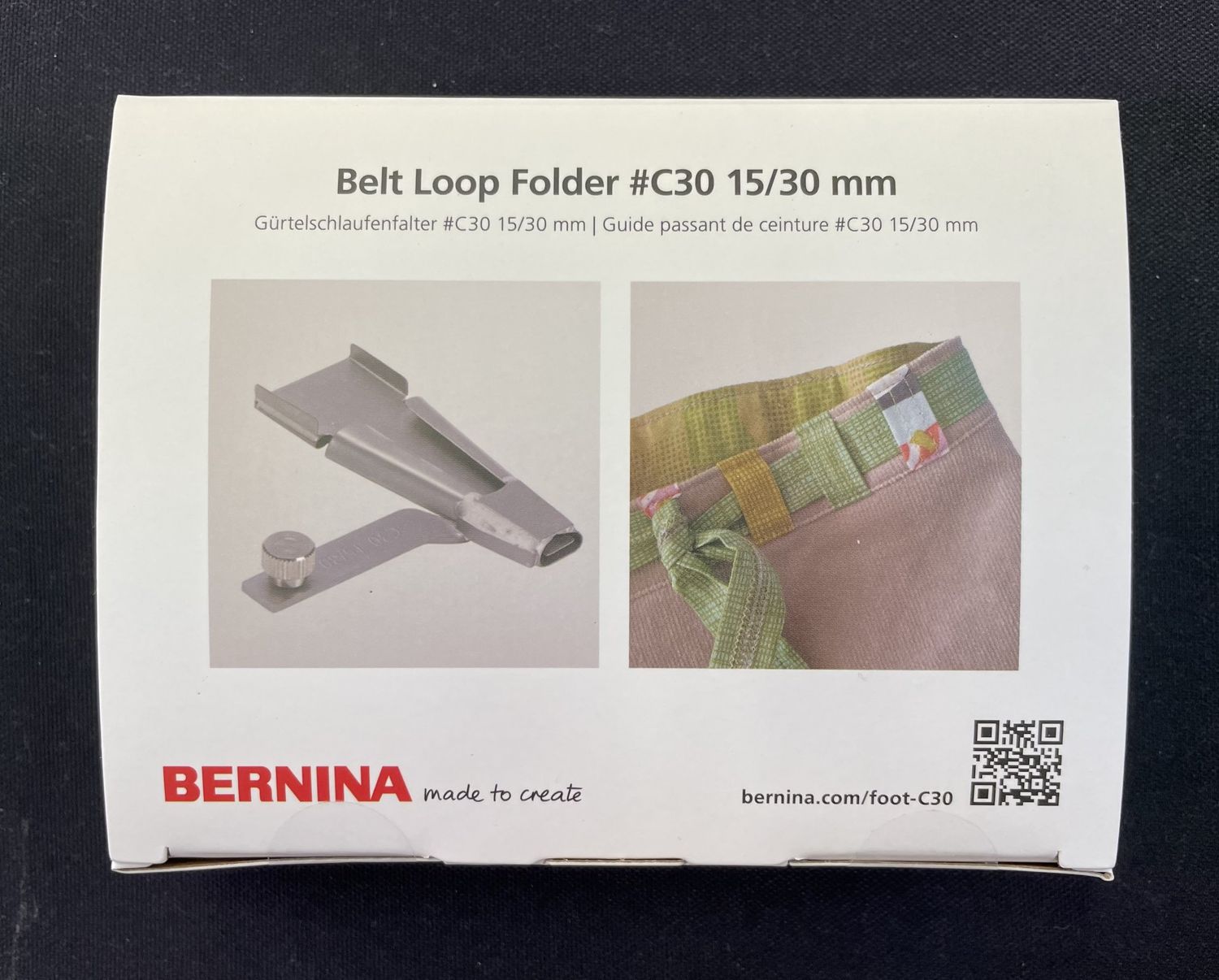 BERNINA #C30 Belt Loop Folder 1/2" finished works with the following Bernina &amp; Bernette machines: L890 b42 b48 b62 b68