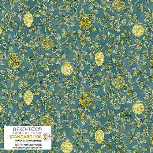 Christmas Stars Holly and Ball Teal Gold Blank Quilting CLEARANCE