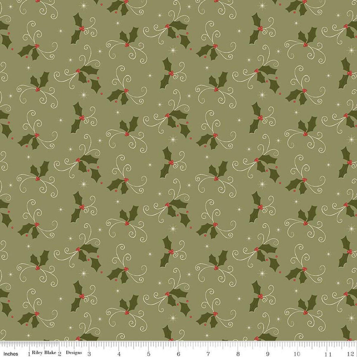 Christmas Greetings Holly Spruce Quilting Cotton
