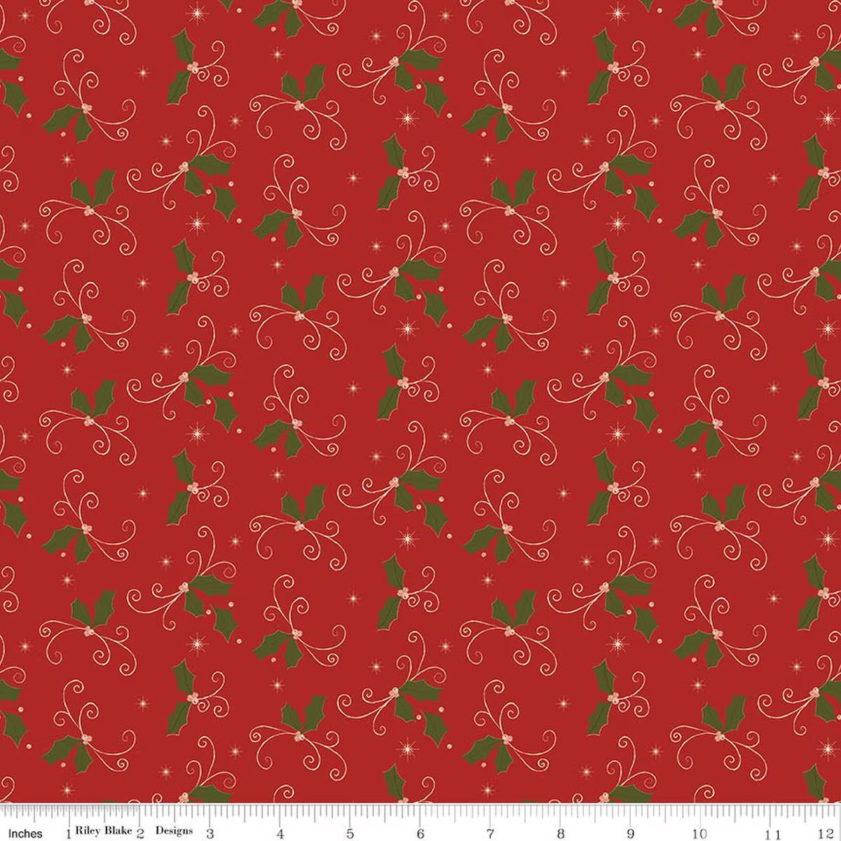 Christmas Greetings Holly Red Quilting Cotton