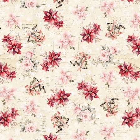 Christmas Magic Ivory Poinsettias &amp; Bells Blank Quilting Cotton