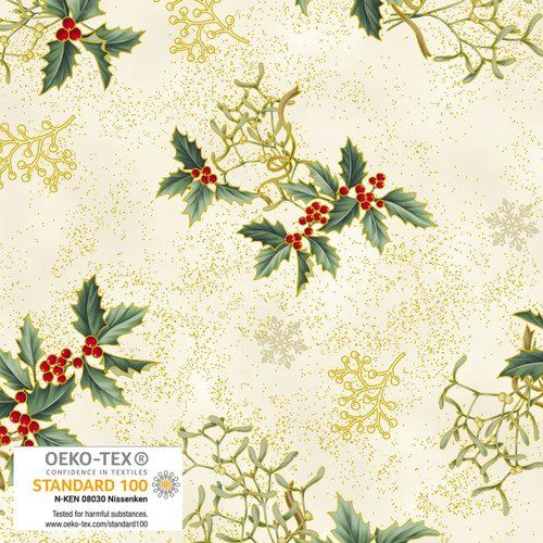 Christmas Stars Holly and Mistletoe Cream Gold Blank Quilting