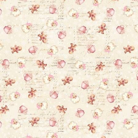 Christmas Magic Ivory Gingerbread &amp; Cocoa Cups Blank Quilting Cotton