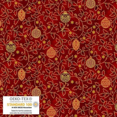 Christmas Stars Holly and Balls Red Gold Blank Quilting