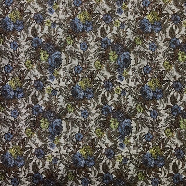 Cotton Dark Blue/Green Florals on Grey Background