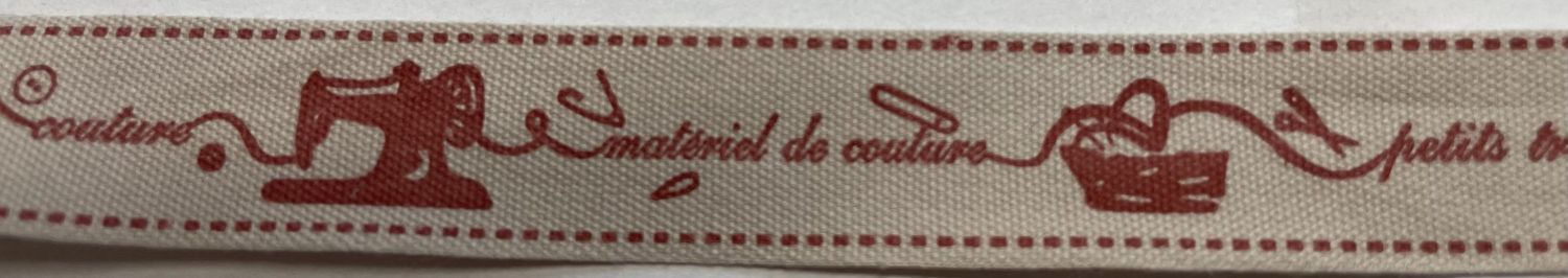 Cotton Ribbon 5/8" Couture wording &amp; Sewing Machines red