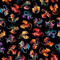 Dragon's Song Tossed Dragons Black QT Fabrics