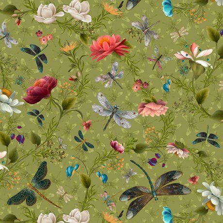Dragonfly Garden - Small Dragonfly &amp; Floral Avocado QT Fabrics