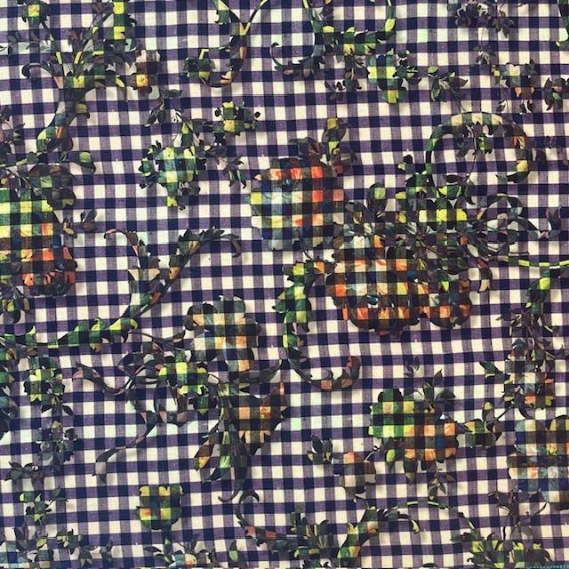Cotton Deep Purple Gingham Floral Vines