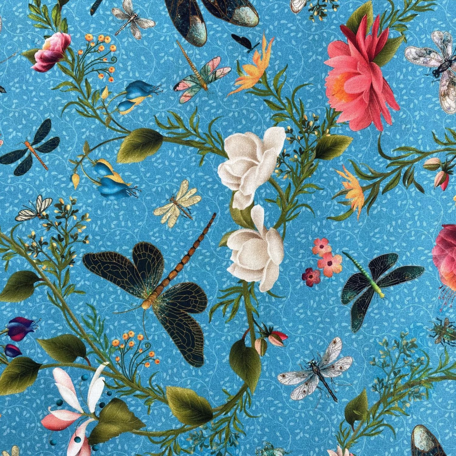 Dragonfly Garden - Dragonfly &amp; Floral Toss Dk. Turquoise QT Fabrics