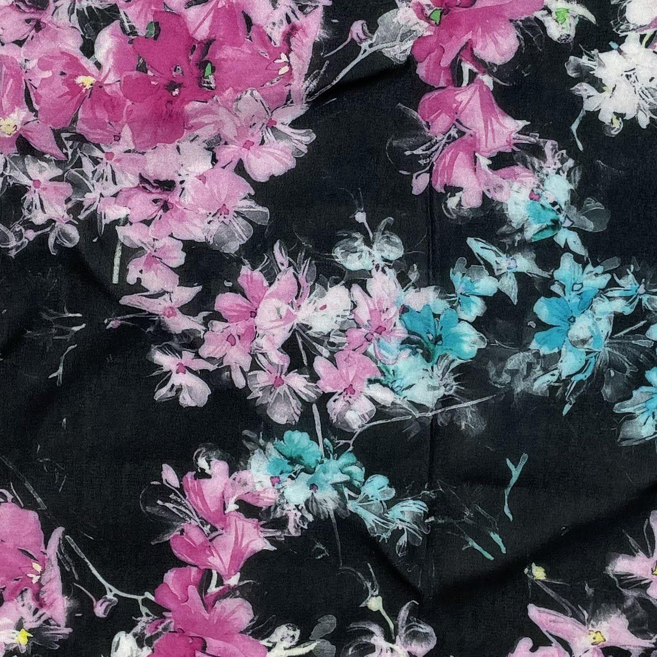 EB Italian Sheer Viscose Pink Floral on black background 60 inches