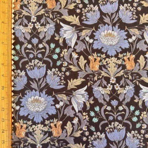 Floral Squirrel Print Blue on Black Cotton Lawn