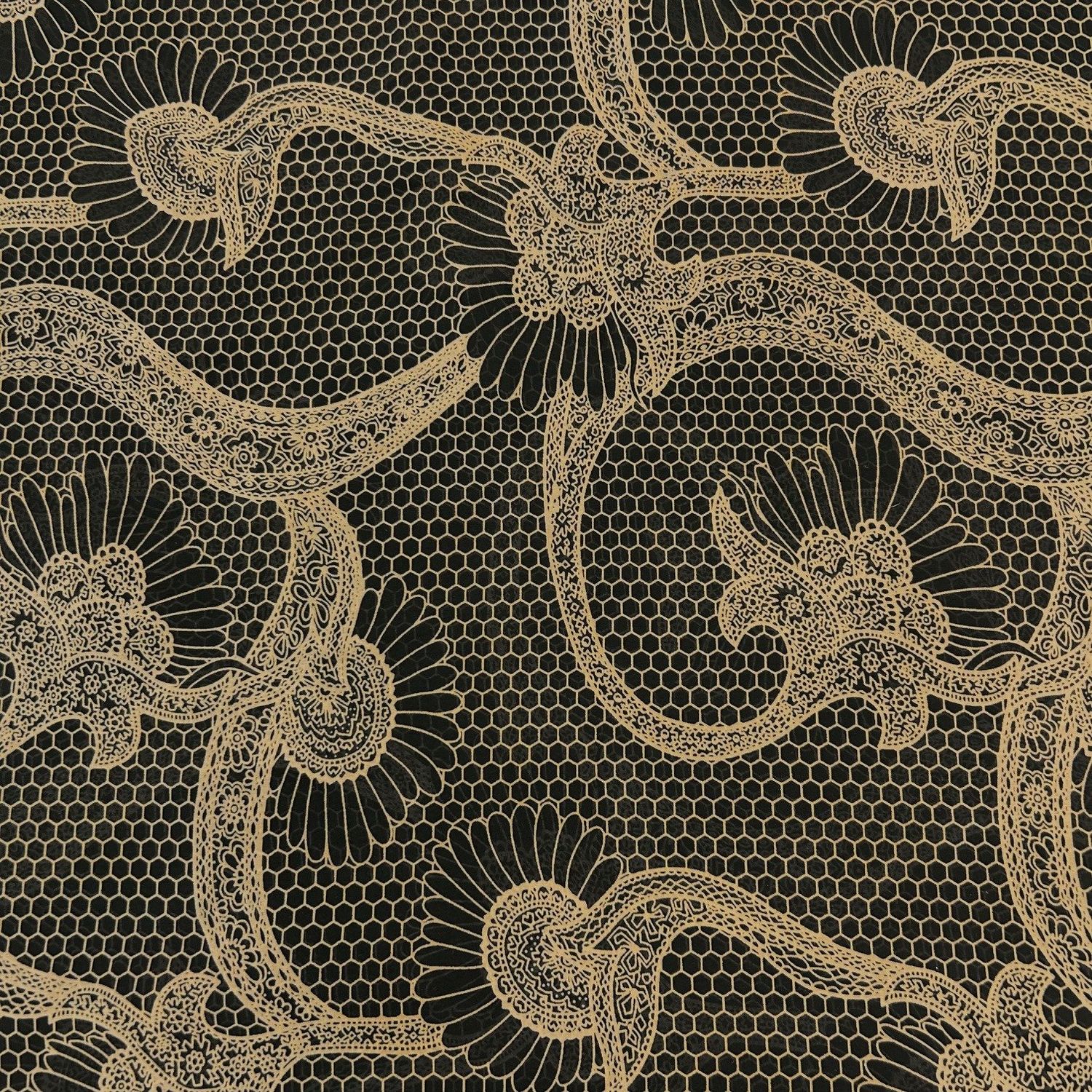 EOB 2 yd Italian Tan and Black Floral Honeycomb Poly Chiffon 58"