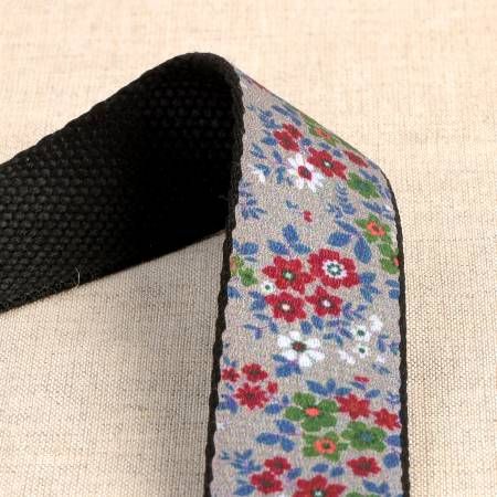 Flowered Webbing on Grey 1-3/16in