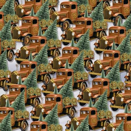 Gears &amp; Garland Copper Steampunk Truck with Christmas Trees Blank Quilting Cottons