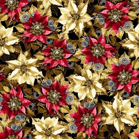 Gears &amp; Garland Red Steampunk Poinsettias Blank Quilting Cotton
