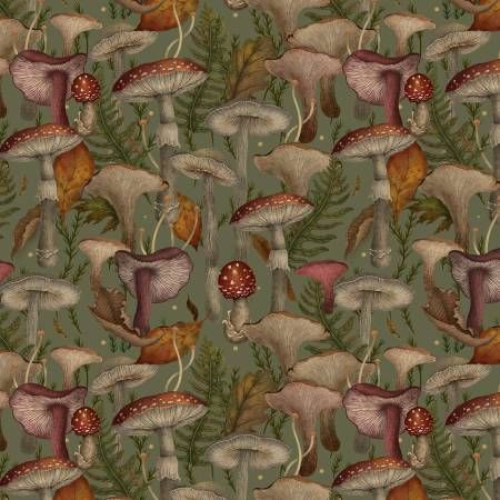 Harvest Haunt Olive green Mushrooms Blank Quilting