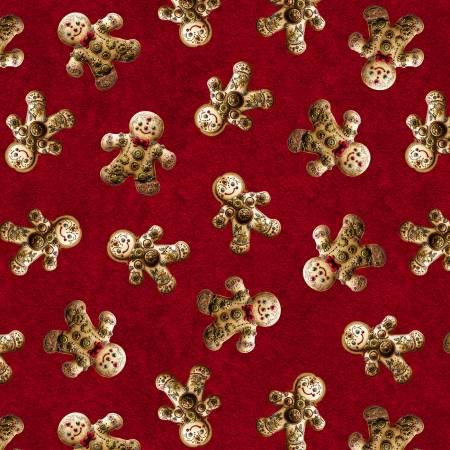 Gears &amp; Garland Red Steampunk Gingerbread Men Blank Quilting Cotton