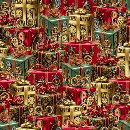 Gears &amp; Garland Red Steampunk Christmas Presents Blank Quilting Cotton
