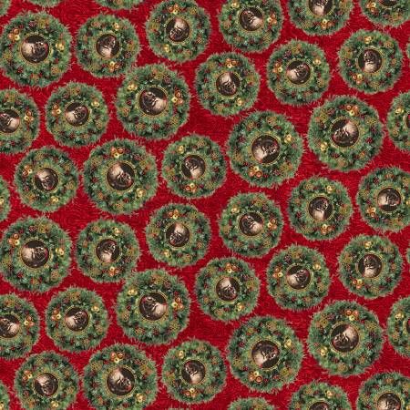 Gears &amp; Garland Red Christmas Wreaths with Santa Blank Quilting Cotton