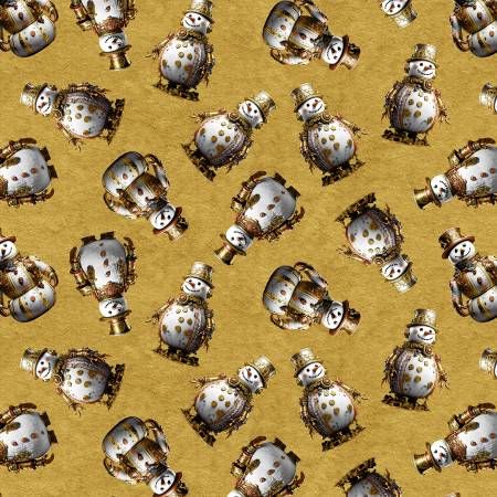 Gears &amp; Garland Gold Steampunk Snowmen Blank Quilting Cotton