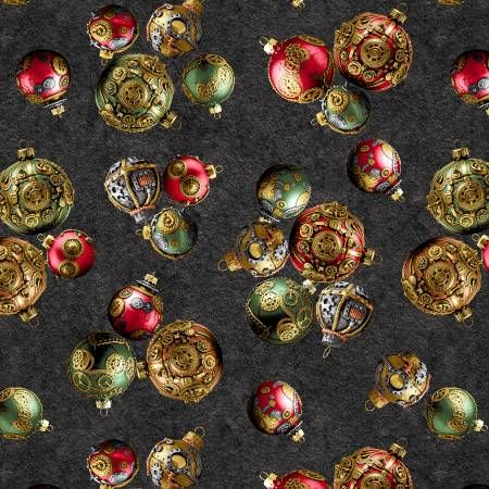 Gears &amp; Garland Black Steampunk Christmas Ornaments Blank Quilting Cotton