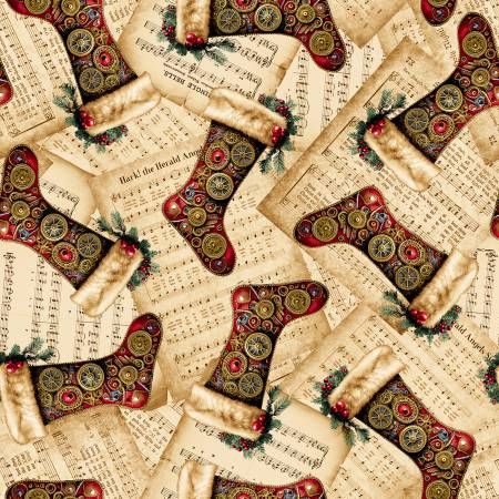 Gears &amp; Garland Parchment Christmas Sheet Music with Stockings Blank Quilting