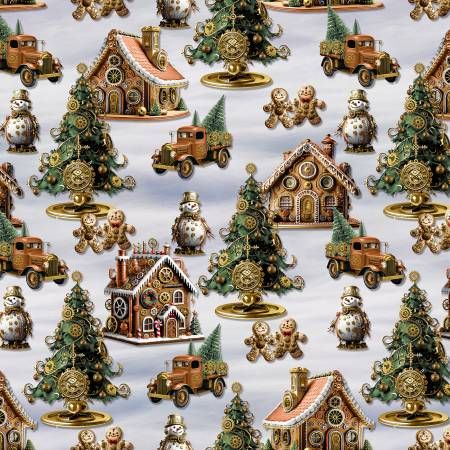 Gears &amp; Garland Lt Gray Gingerbread Houses with Snowmen and Christmas Trees Blank Quilting Cotton