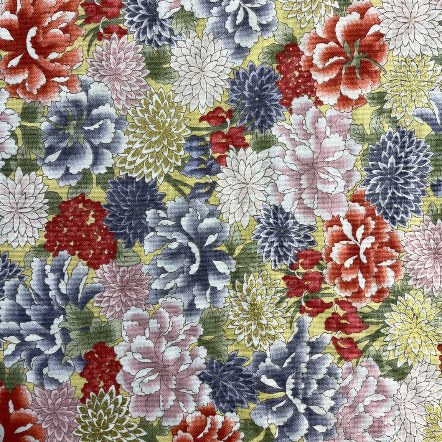 Kaga Compact Mums Peonies &amp; Irises - Yellow Japanese fabric
