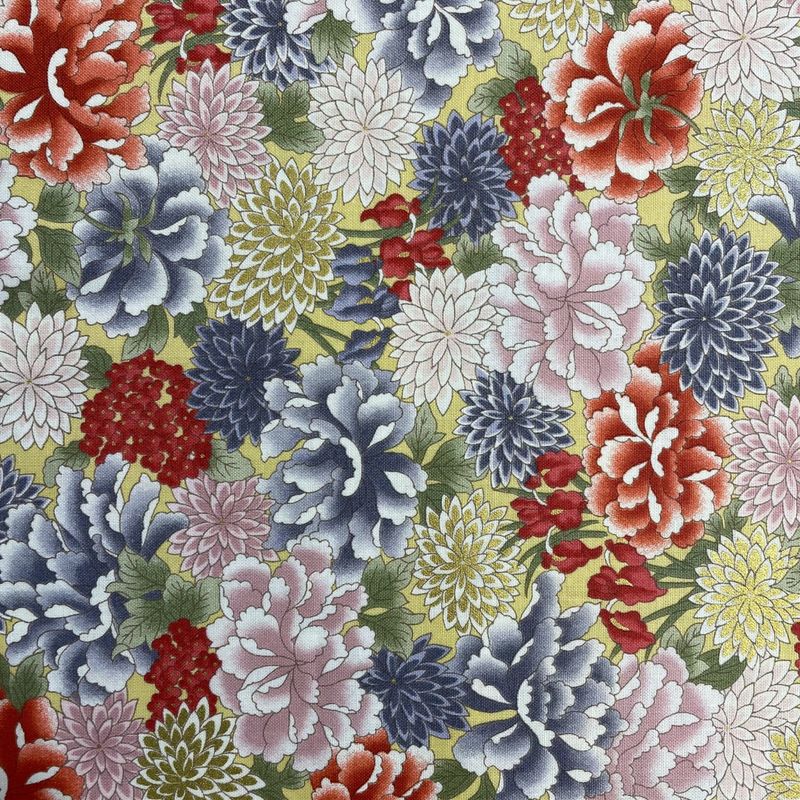 Kaga Compact Mums Peonies &amp; Irises - Yellow Japanese fabric