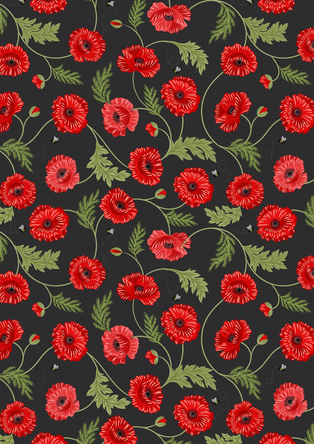 Large Poppy and Bee on Dark - Lewis and Irene Quilting Cotton