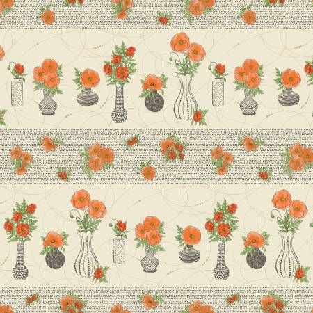 Modern Vintage Treasured Poppies Stripe Natural Benartex
