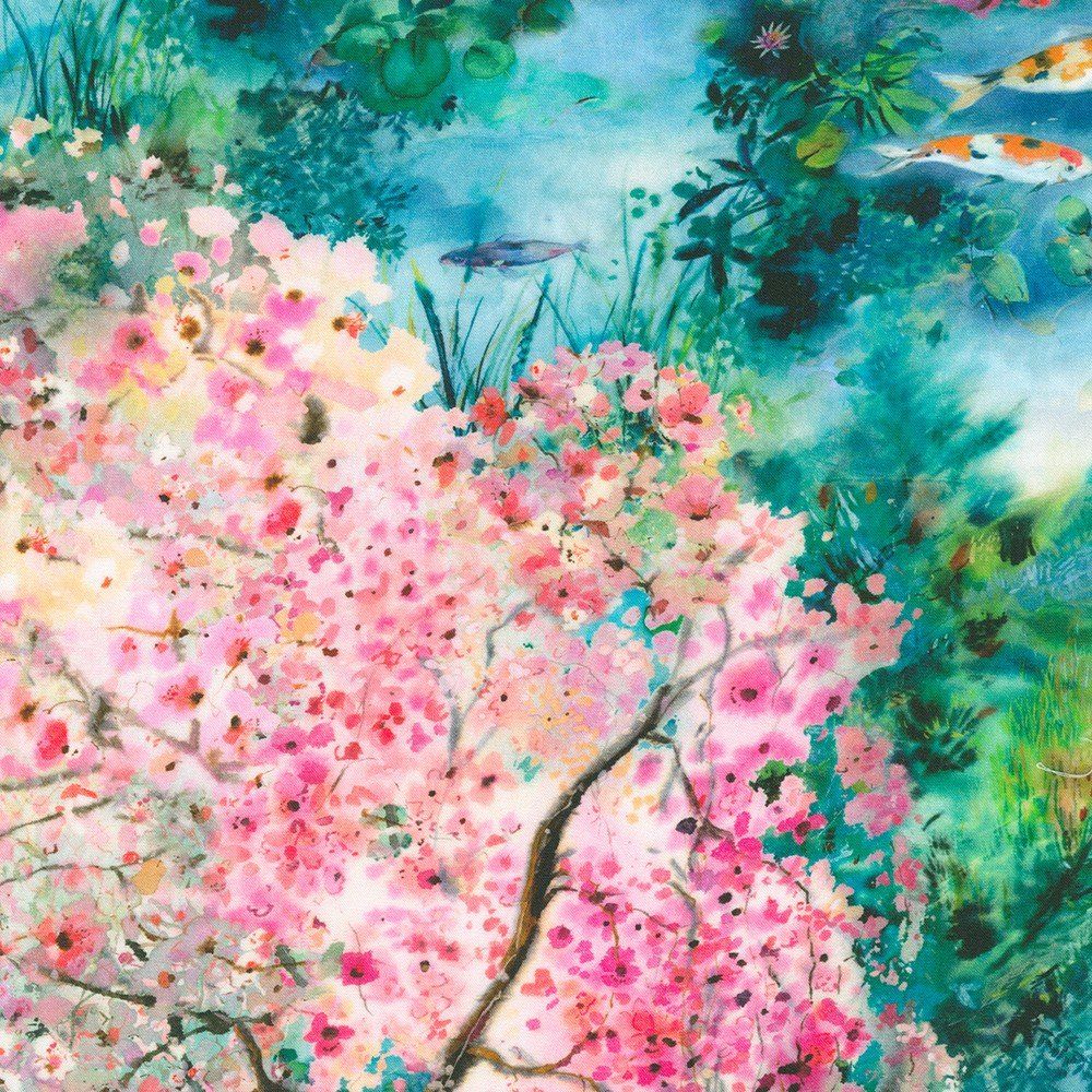 Lotus and Koi Spring Robert Kaufman Quilting Cotton