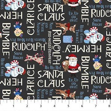 NC Rudolph the Red Nosed Reindeer Charcoal Phrases Quilting Cotton