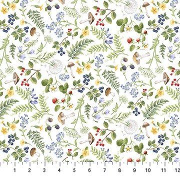 Northcott Country Mouse White Floral Fern Toss 43" Quilting Cotton
