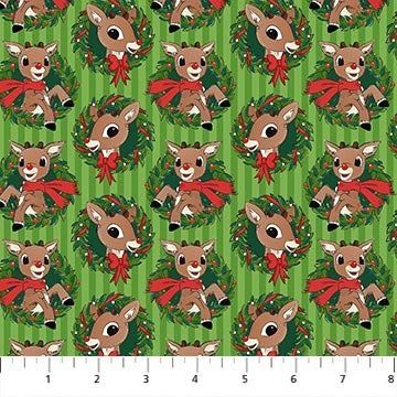 NC Rudolph the Red Nosed Reindeer Green Rudolph Wreath Quilting Cotton