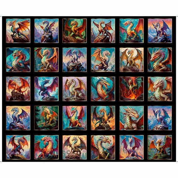Panel: Dragon's Song Dragon Blocks Black 36" QT Fabrics