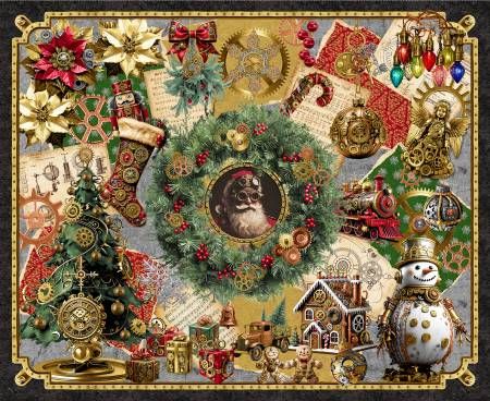 Panel: Gears &amp; Garland Red Steampunk Christmas Panel 36" Blank Quilting Cotton