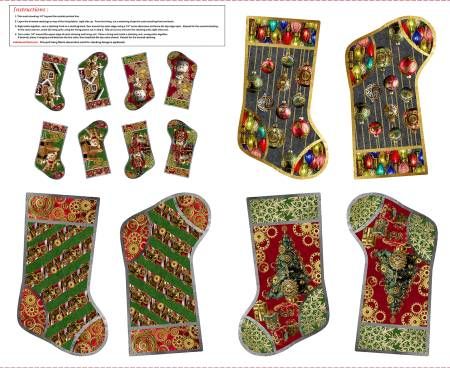 Panel: Gears &amp; Garland Red Steampunk Stockings Christmas 36" Blank Quilting Cotton