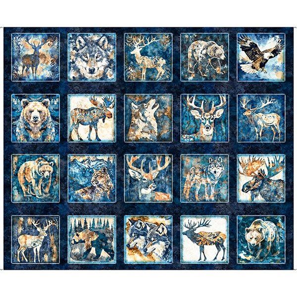 Panel: Mountain Splendor Lodge Animal Patches Dark Navy 36" QT Fabrics Quilting Cotton