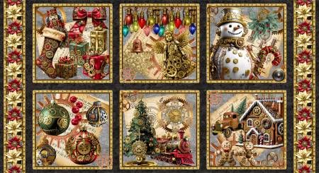 Panel: Gears &amp; Garland Black Steampunk Christmas Blocks 24" Blank Quilting Cotton